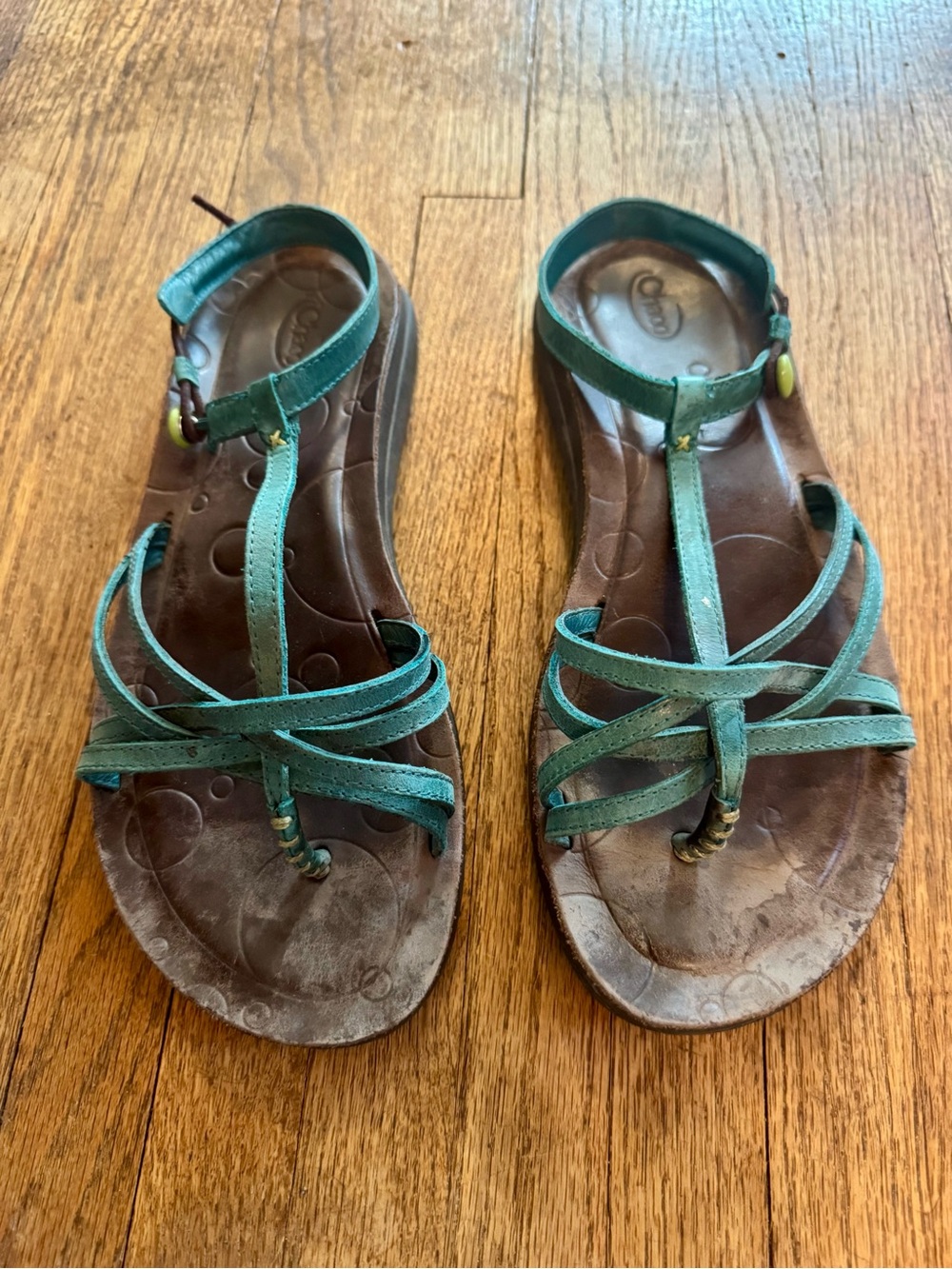 Chaco Women's Teal Strappy Toe-Loop Leather Sandals